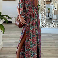 WASA | Boho Styl V-Neck Wydrukowana Luźna Sukienka Maxi