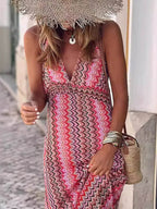 VERU | Boho Print Sukienka Maxi z Dekoltem w Serek i Ramiączkami