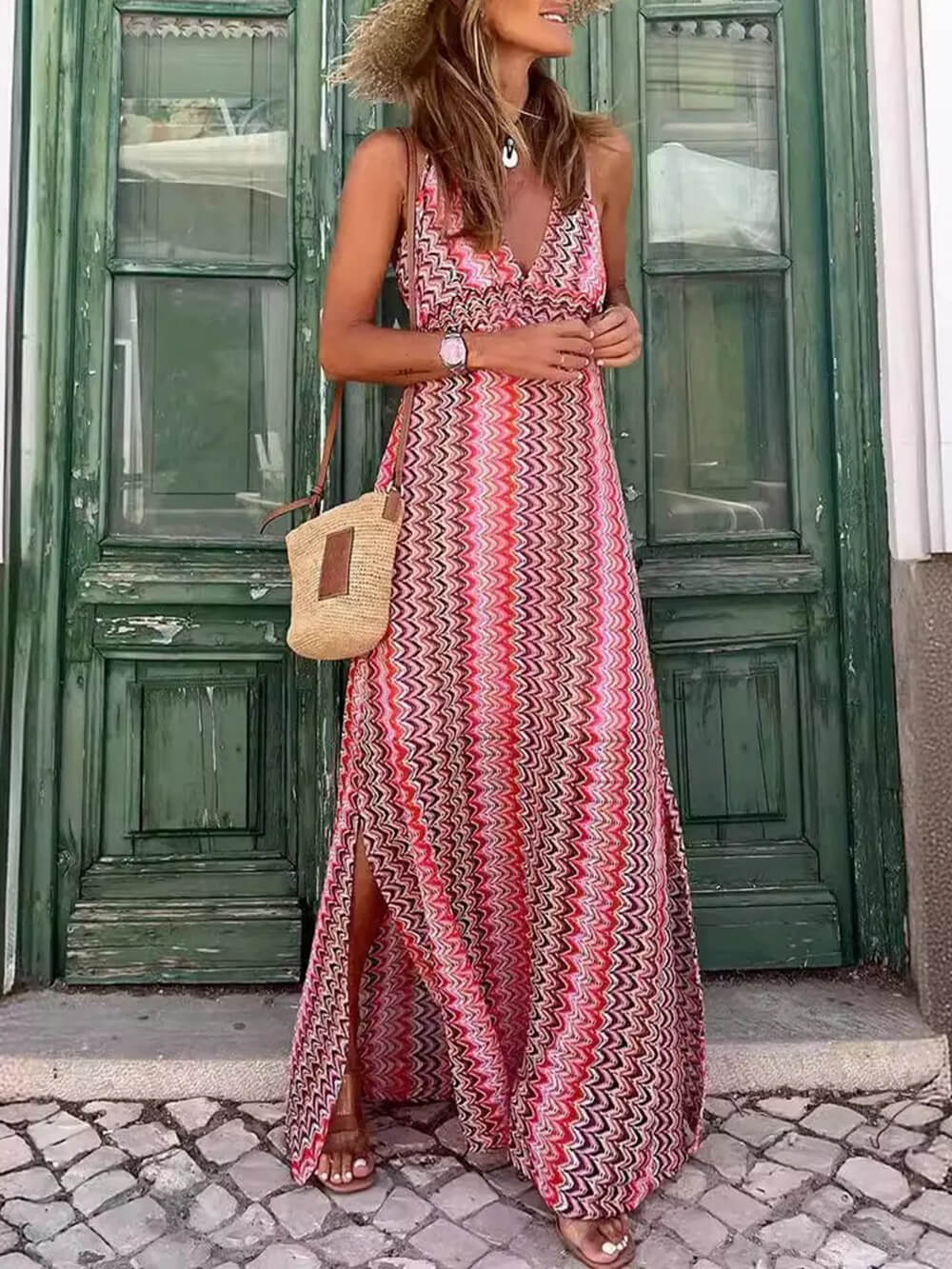 VERU | Boho Print Sukienka Maxi z Dekoltem w Serek i Ramiączkami